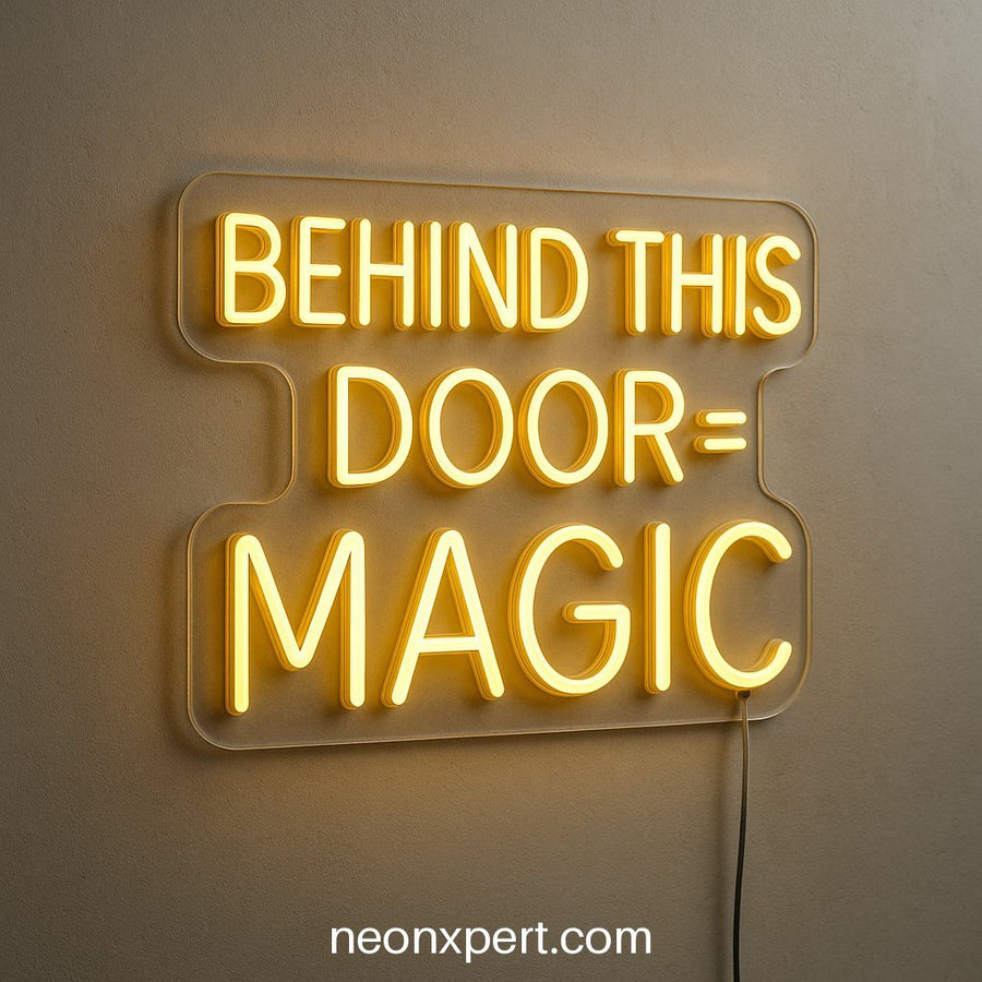 Behind This Door = Magic | Open LED Neon Sign for Business Entries - NeonXpertSmallWhite
