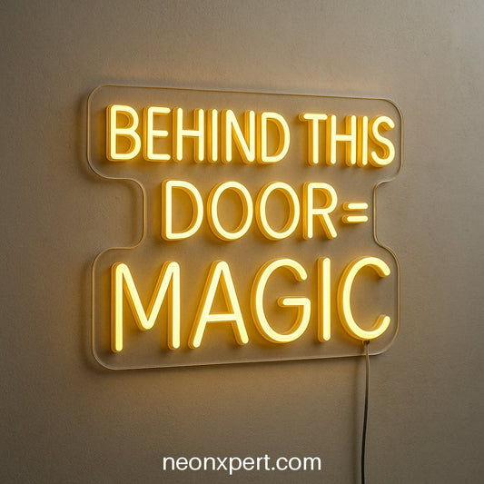 Behind This Door = Magic | Open LED Neon Sign for Business Entries - NeonXpertSmallWhite