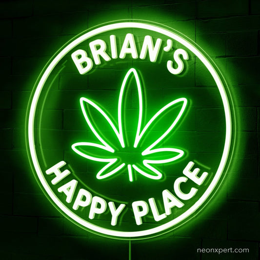 Custom Weed Neon Sign For Man Cave - Happy Place LED Light - NeonXpert18 x 18 inGreen