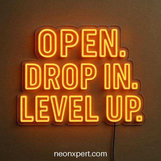 Open. Drop In. Level Up | Neon Sign for Your Gym Ambiance - NeonXpertSmallWhite