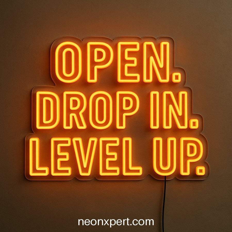 Open. Drop In. Level Up | Neon Sign for Your Gym Ambiance - NeonXpertSmallWhite