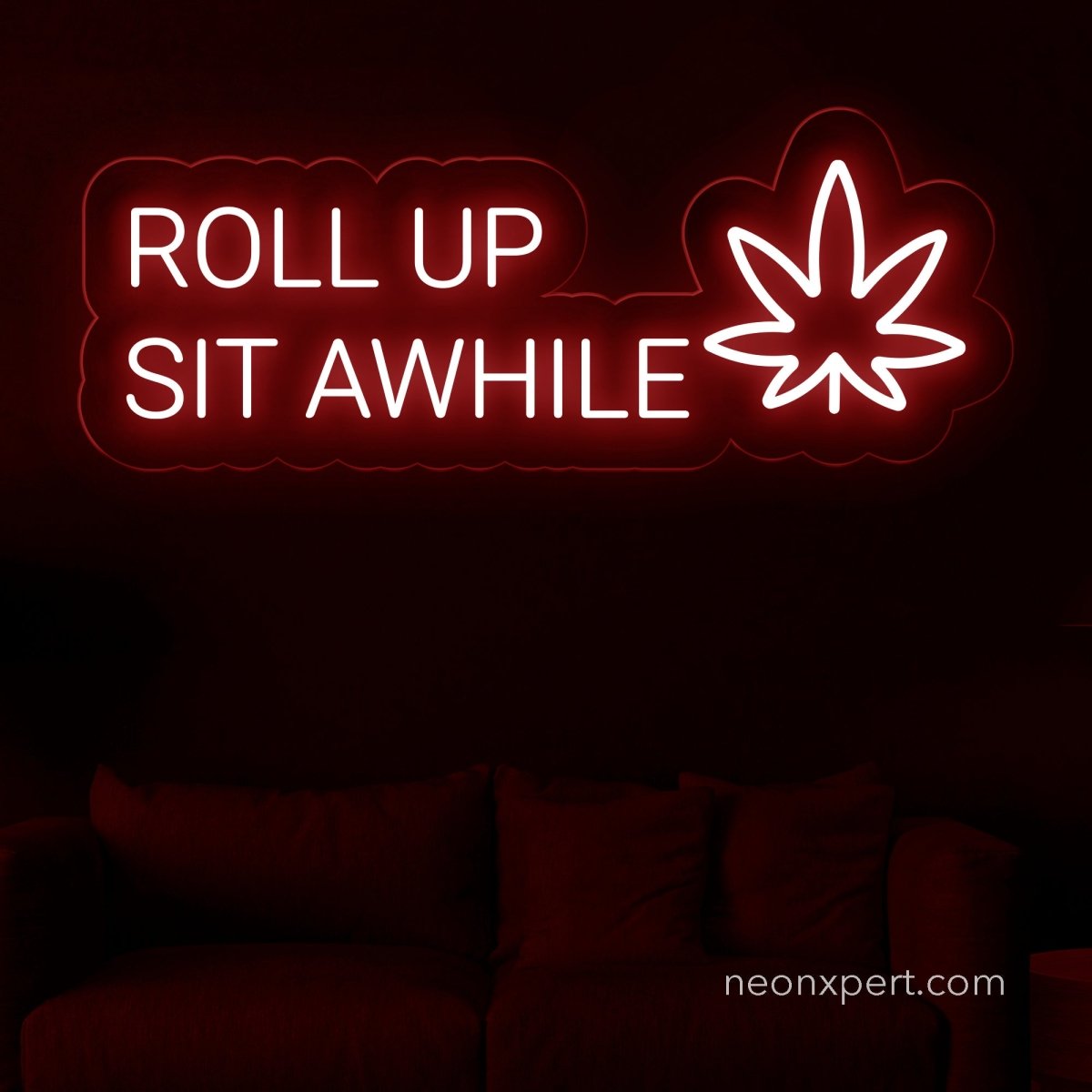 Roll Up Sit Awhile Neon Sign | Weed Leaf Neon Sign - NeonXpert20 x 8 inOrange