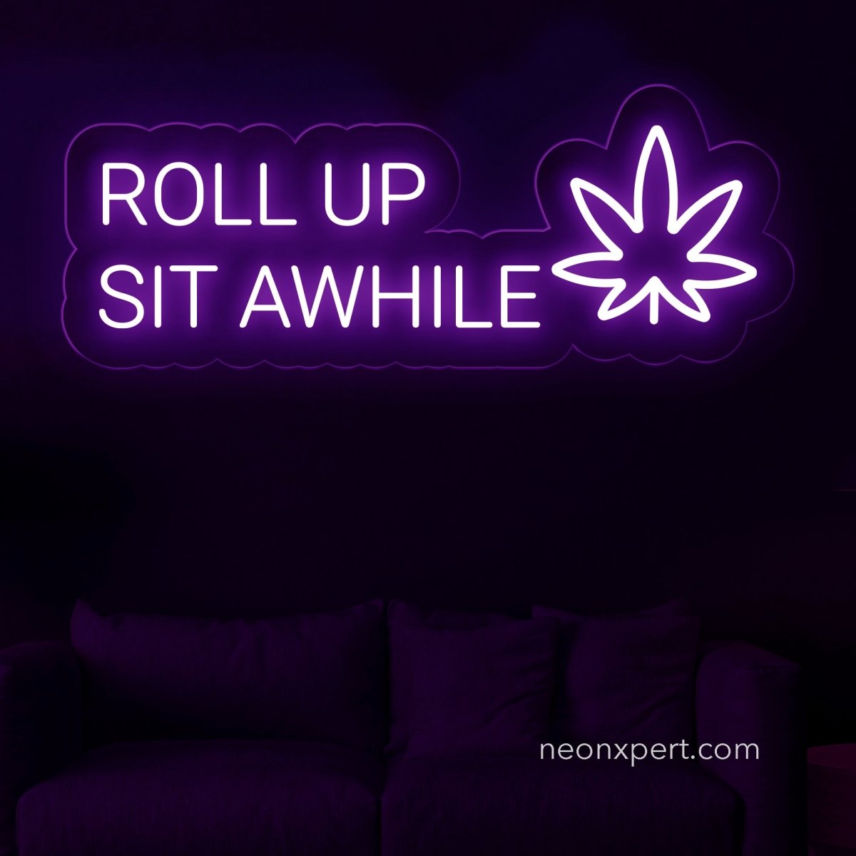 Roll Up Sit Awhile Neon Sign | Weed Leaf Neon Sign - NeonXpert20 x 8 inPurple