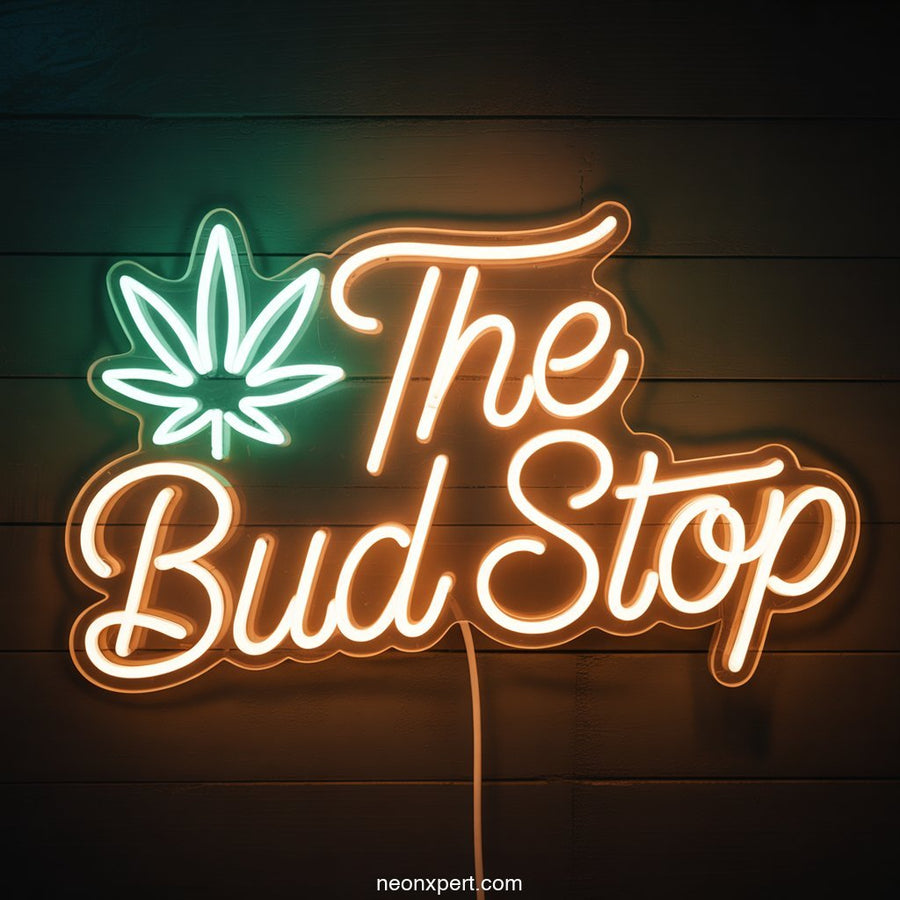 The Bud Stop weed neon sign glowing light - NeonXpertSmallWhite