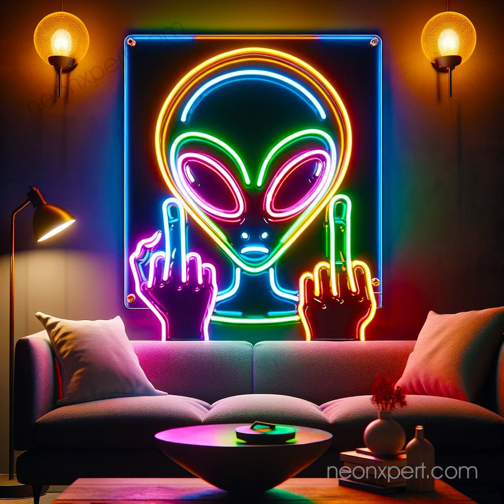 Neon Red Rude Finger Background Alien Middle Finger LED Neon Sign - NeonXpert