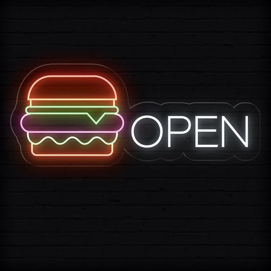 Neon Burger Open Sign - Led Neon Light For Burger Place - NEONXPERT